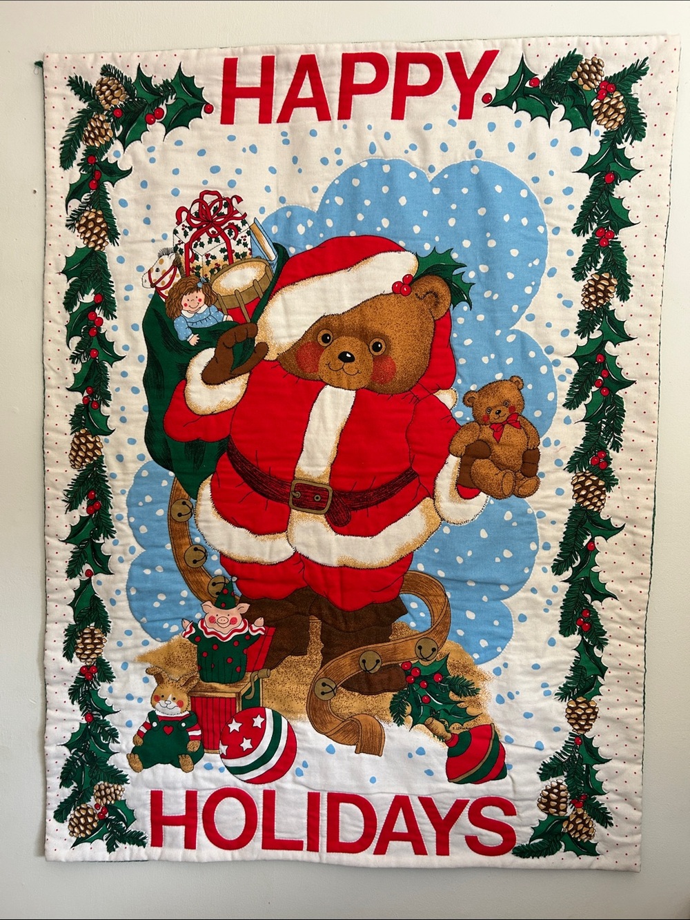 Holiday Teddy Bear Quilted Wall Hanging - Red Santa Bear